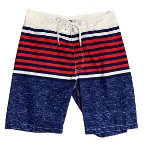 Old Navy Striped Swim Board Shorts S Blue Pocket Hook & Loop Closure Drawstring